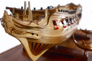 Master modeler Ronald Roberti's exquisitely detailed model of the USS Confederacy illustrates how eighteenth-century shipwrights documented all the details of a proposed ship’s designs for approval before Computer Aided Design (CAD) or even much skill in drawing flat representations of compound ship hull curves. Photo courtesy of the Houston Maritime Museum.