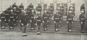 The 1955 Cullen Rifles, led by Cadet First Lieutenant William “Bill” Taylor, stand in formation on the steps of the Ezekiel Cullen Building, a favorite place for members of the Rifles to have photos taken for the Houstonian yearbook.